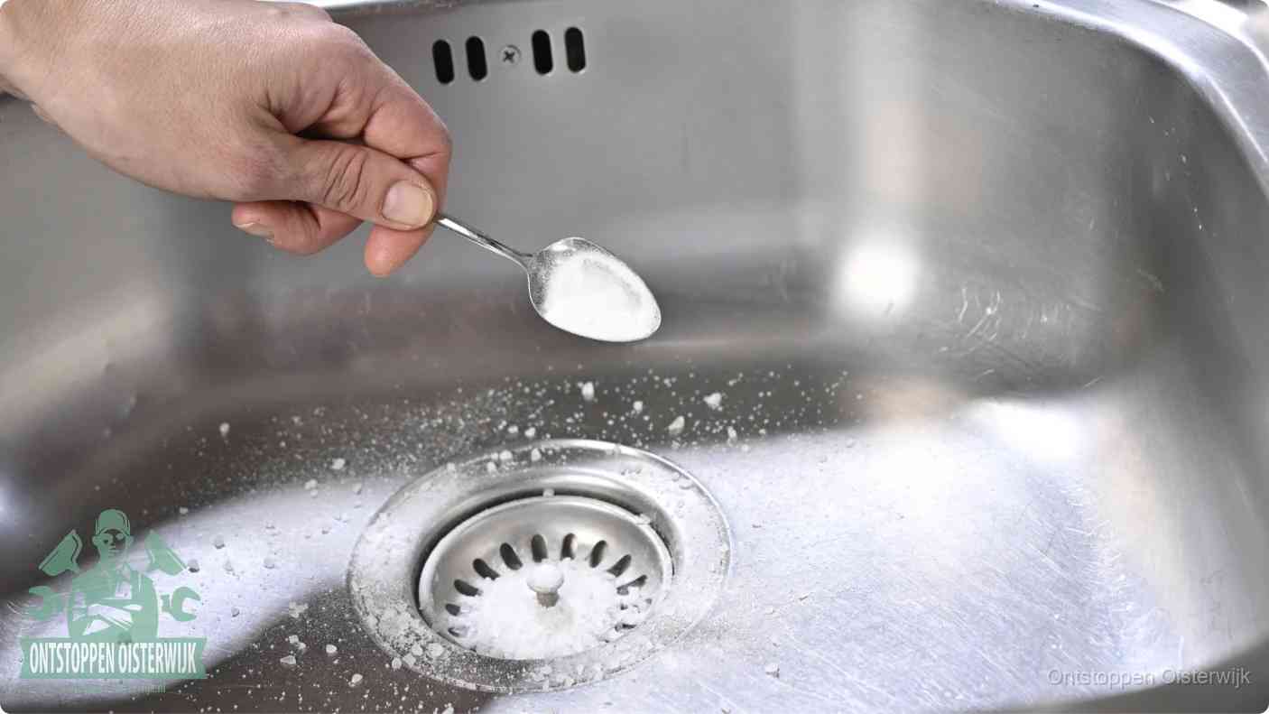 Een hand strooit met een lepel soda in de afvoer van een roestvrijstalen spoelbak, de soda en azijn huismiddel-methode om de afvoer te ontstoppen in Oisterwijk