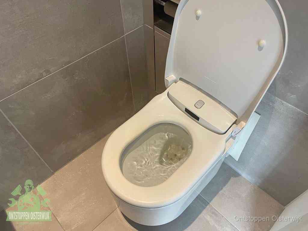 Een toiletpot vol troebel water met drijvend papier en restanten, de meest voorkomende oorzaak van een verstopte wc in Oisterwijk